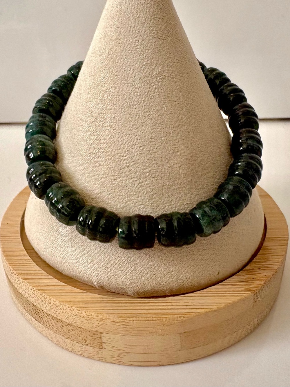 Certified Natural Grade A Jadeite Bracelet | Dark Green Carved Beads | 28.5g.
